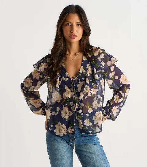 Women's Navy Floral Ruffle Front Blouse
