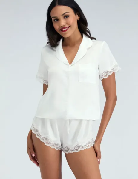 Boux Avenue Amelia Satin Lace Trim Revere Shortie Set Ivory
