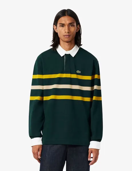 Lacoste Pure Cotton Pique Striped Rugby Shirt Dark Green