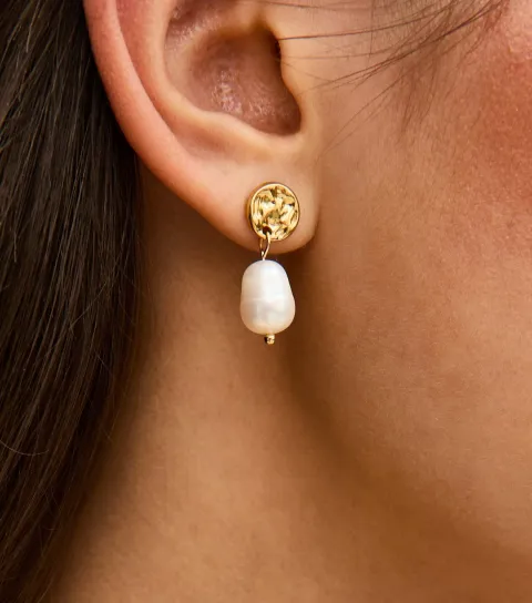 Gold Tone Waterproof Beaten Faux Pearl Drop Earrings