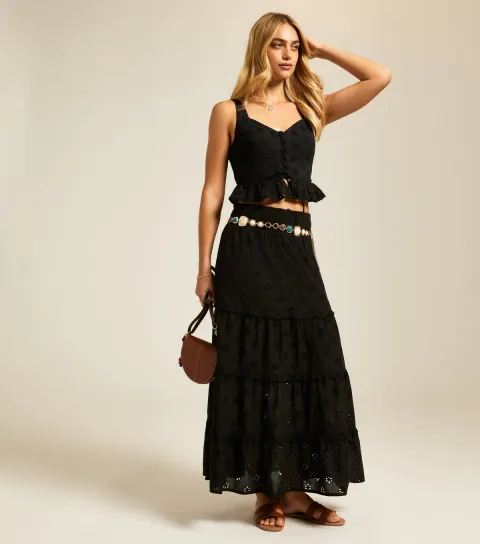 New Look Women's Black Broderie Anglaise Tiered Midi Skirt
