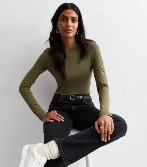 New Look Women's Khaki Crew Neck Long Sleeve Top