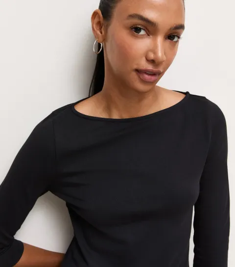 New Look Women's Black Cotton Rich Cropped Sleeve Slash Neck Top