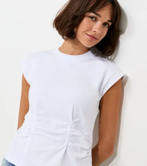 Women's White Cotton Rich Ruched Waist Cap Sleeve T-Shirt