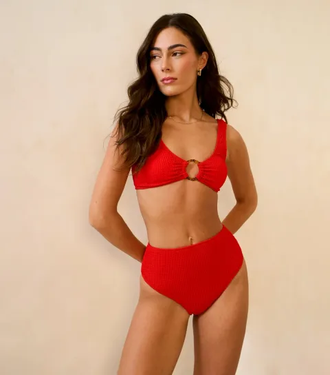 Women's Red Textured Ring Detail Bikini Top