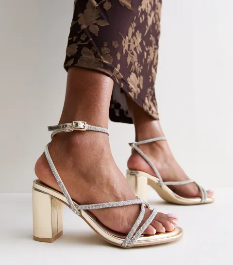New Look Women's Extra Wide Fit Gold Embellished Block Heel Sandals Vegan