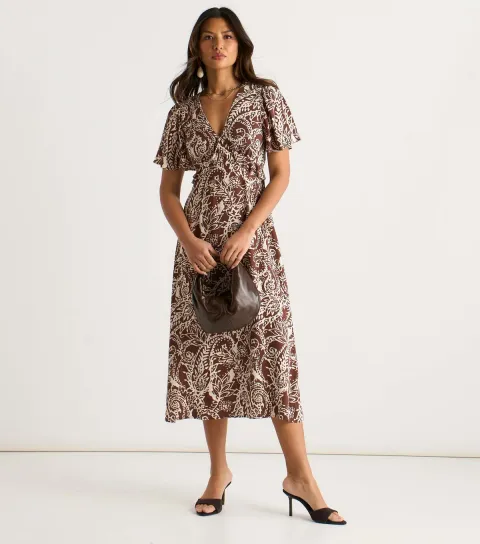 Women's Brown Paisley Print Midi Dress