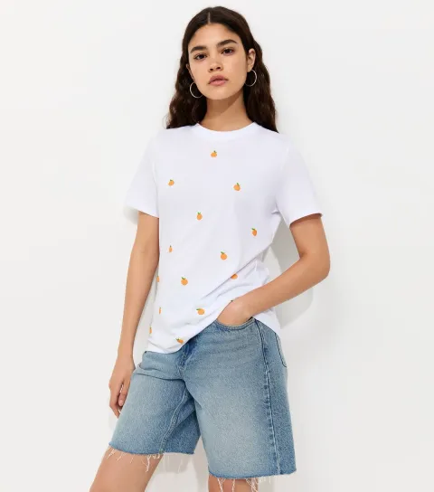 Women's White Cotton Orange Print Relaxed Fit T-Shirt