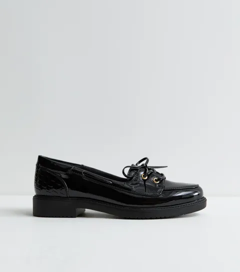 Women's Black Patent Faux Leather Lace Up Loafers Vegan
