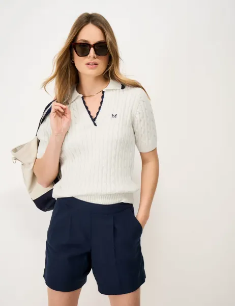 Pure Cotton Cable Collared Knitted Top White