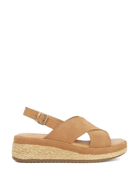 Dune London Leather Crossover Wedge Sandals Camel
