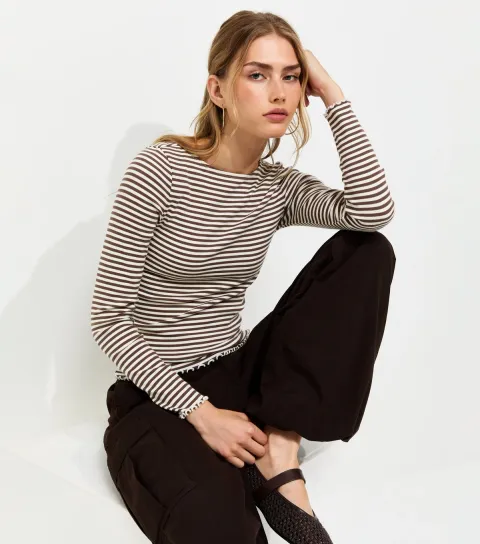 Women's Brown Cotton Rich Striped Babylock Long Sleeve Top