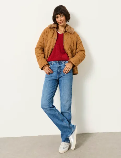 FatFace High Waisted Button Front Straight Leg Jeans Blue Denim