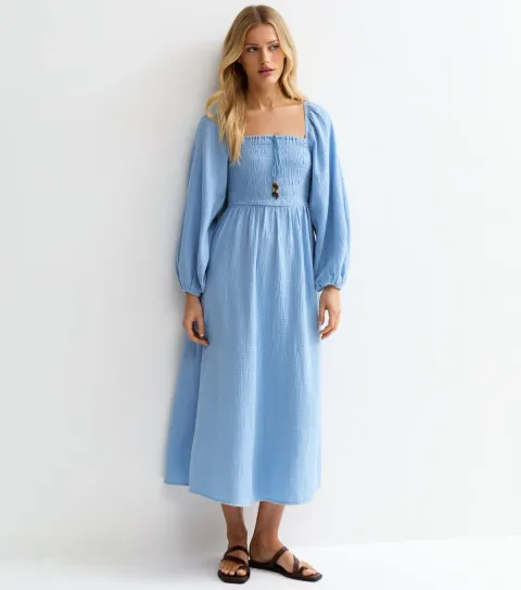 Women's Light Blue Cotton Shirred Milkmaid Midi Dress
