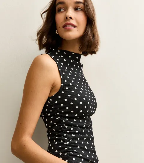 Women's Black Polka Dot Textured Grow On Sleeveless Top