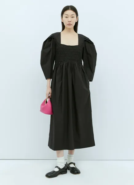 Open-Neck Smock Midi Dress
