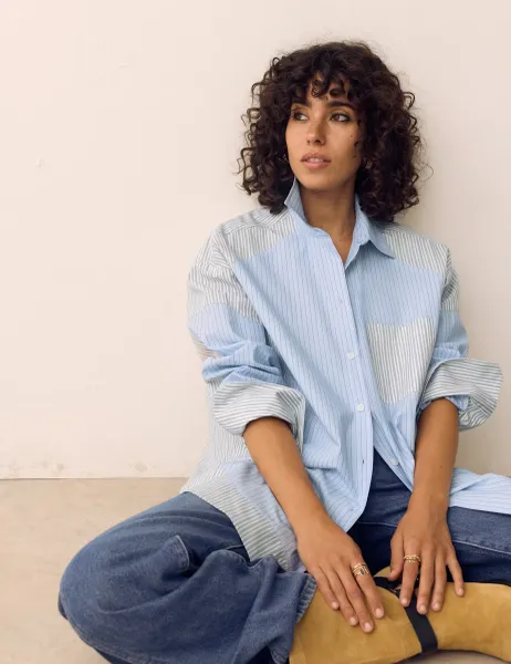Per Una Pure Cotton Striped Oversized Shirt Blue Mix