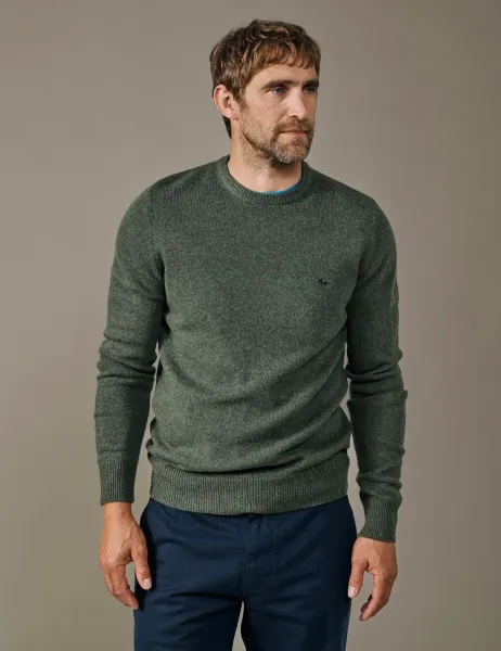 Aubin Pure Wool Textured Crew Neck Jumper Dark Khaki