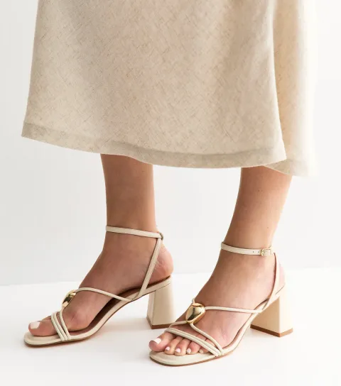 Women's White Strappy Metallic Detail Block Heel Sandals Vegan