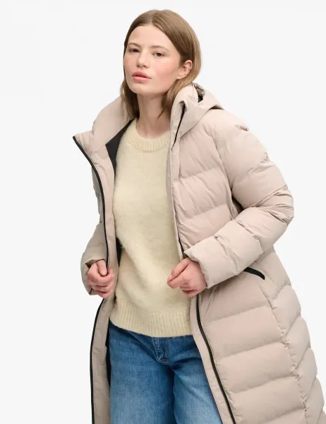 Superdry & Co Hooded Longline Puffer Jacket Beige