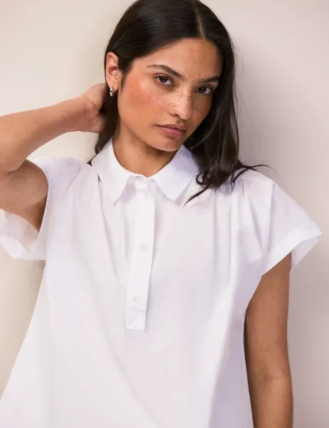 RO&ZO Poplin Gathered Relaxed Cap Sleeve Shirt White
