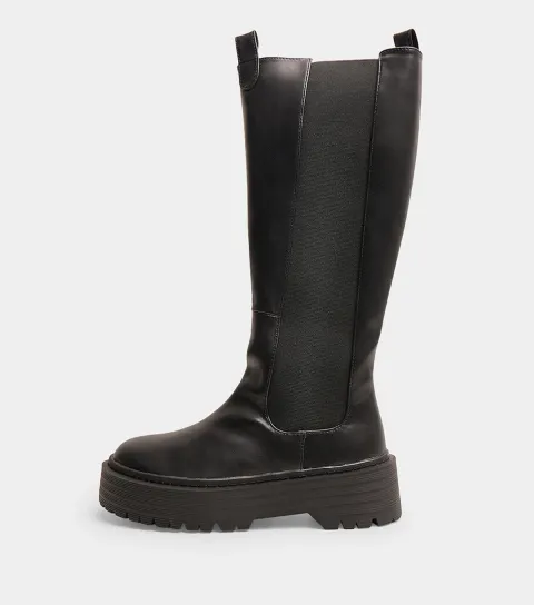 Women's Black Faux Leather Andi Knee High Chunky Sole Boots