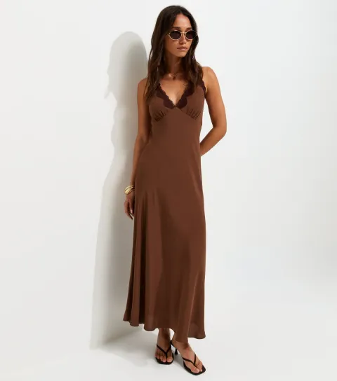 Women's Dark Brown Lace Trim Halterneck Midi Dress