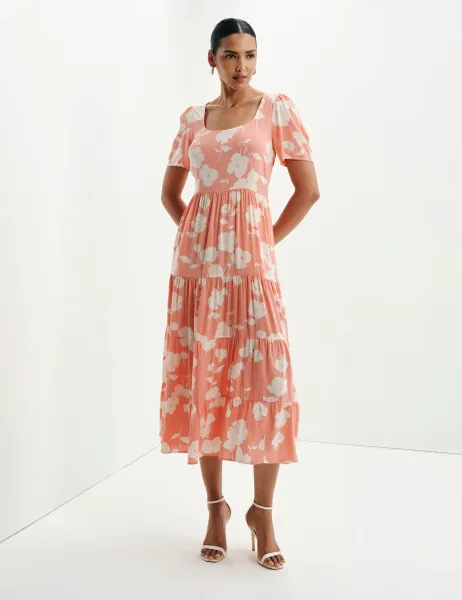 Finery London Floral Square Neck Midi Tiered Dress Orange Mix