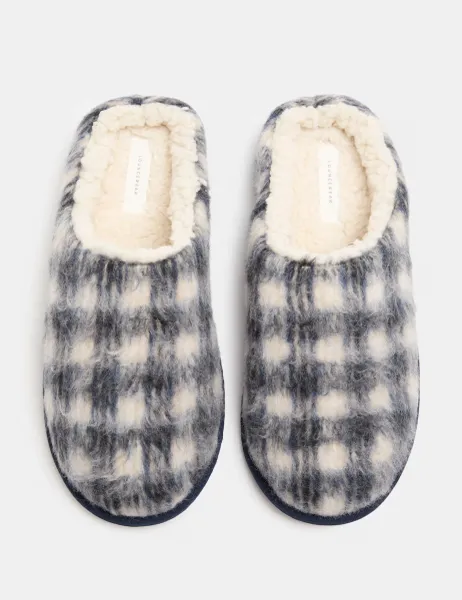 Marks & Spencer Brushed Checked Mule Slippers with Freshfeet Navy Mix