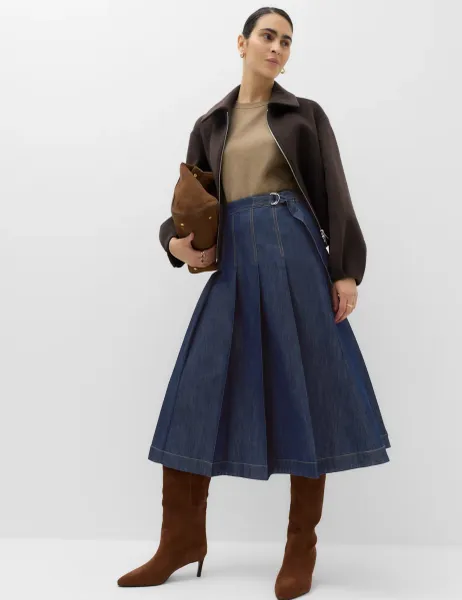 Marks & Spencer Denim Pleated Midi Skirt Dark Denim