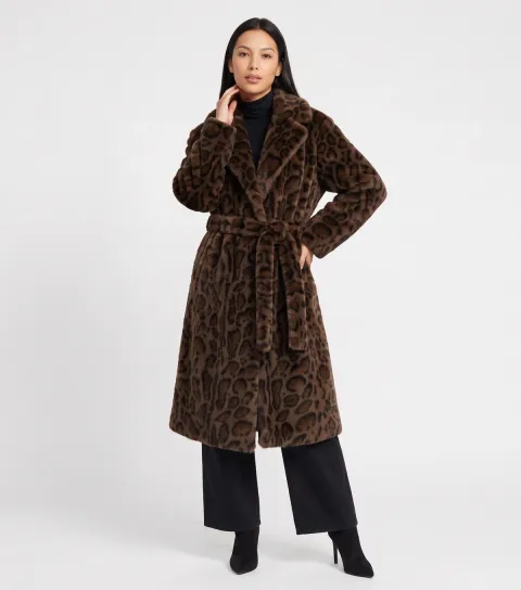 Women's Brown Leopard Print Faux Fur Coat