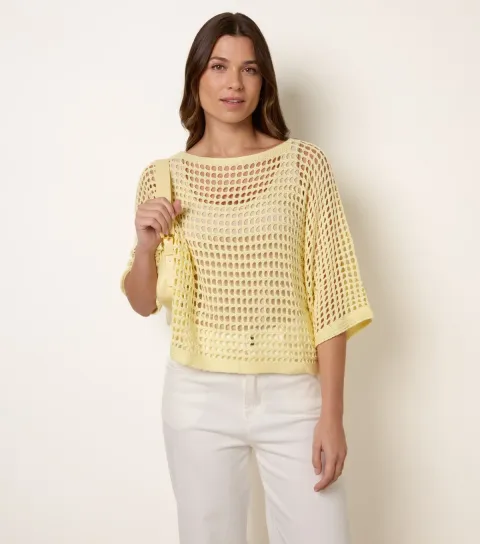 Women's Light Yellow Round Neck Net Top