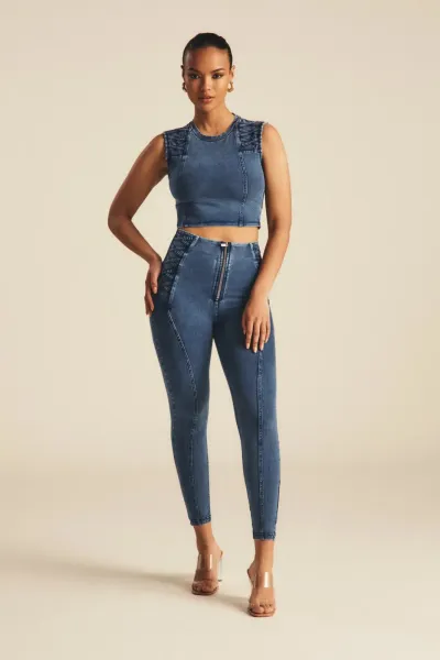 Freddy WRUP Denim Criss Cross Detail - High Waisted - 7/8 Length - Indigo Denim + Blue Stitching