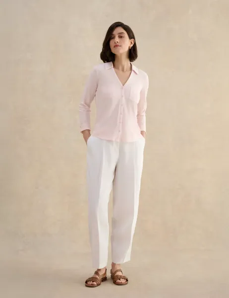 Hobbs Pure Cotton Collared V-Neck 3/4 Sleeve Shirt Pink