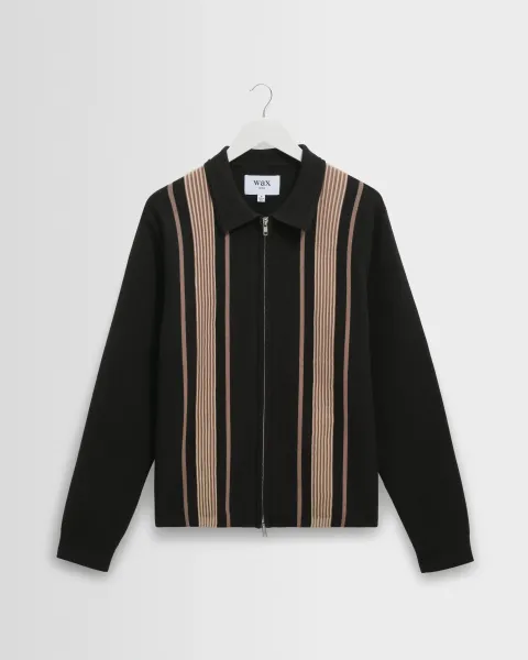 Lennox - Black and Beige Milano Stripe Knitted Polo