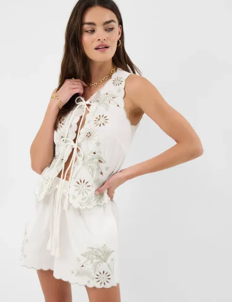 Cotton Rich Tropical Cutwork Tie Front Top Ivory