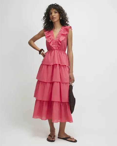 River Island Cotton Ruffle Sleeveless Midi Dress