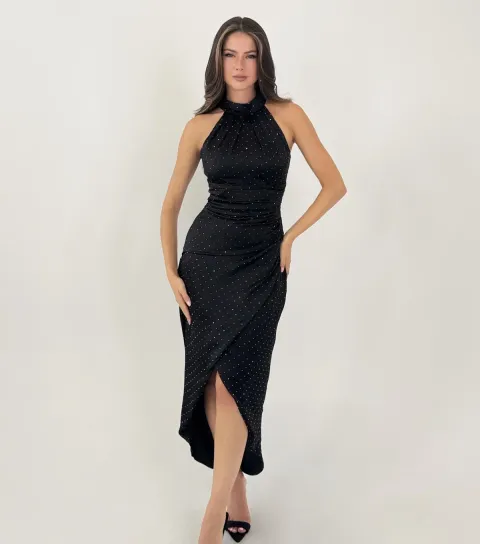 Women's Black Diamante Halter Neck Midi Dress
