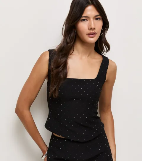 New Look Women's Black Gem Embellished Square Neck Cami Top
