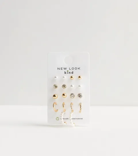 Gold 9 Pack Faux Pearl Diamanté Stud Earrings