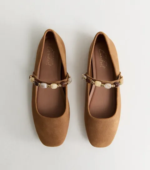Women's Tan Faux Suede Beaded Square Toe Ballerina Pumps Vegan