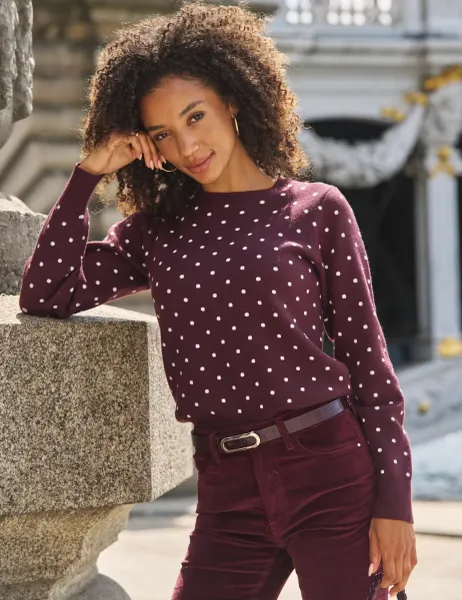 Polka Dot Fitted Knitted Top Burgundy Mix