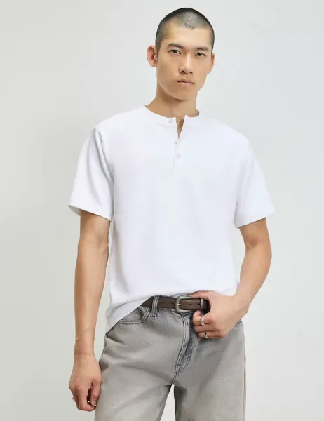 Cotton Blend Henley Short Sleeve T-Shirt White
