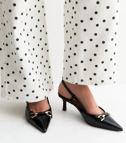 Women's Black Patent Faux Leather Hardware Detail Slingback Pumps Vegan