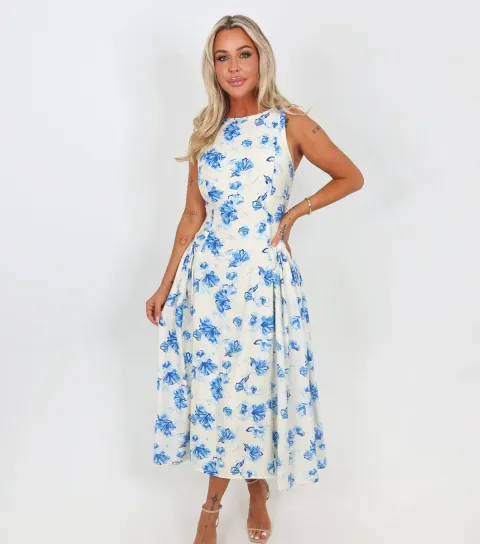 Women's Blue Floral Pleated Hip Midi Dress