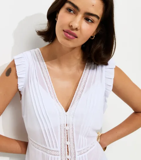 Women's Cream Pintuck Lace Trim Semi-Sheer Top