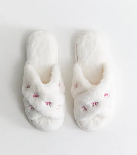 Women's White Fluffy Embroidered Bow Slide Slippers Vegan