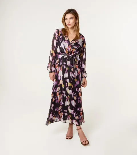 Women's Black Speckled Pattern Wrap Midi Dress