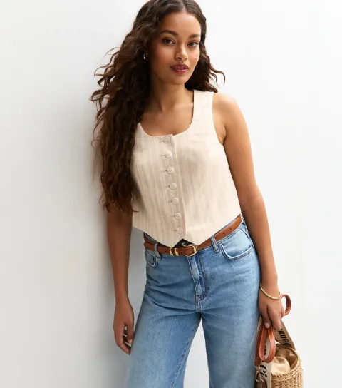 Women's Petite Cream Striped Scoop Neck Waistcoat