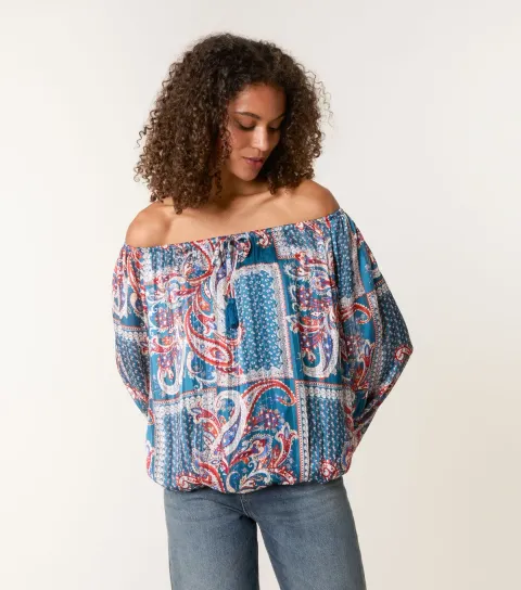 Women's Teal Bardot Puffball Hem Paisley Print Blouse